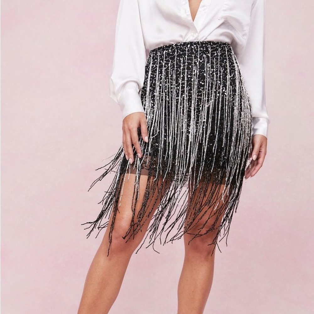 Tassel Beaded Metallic Fringed Mini Skirt